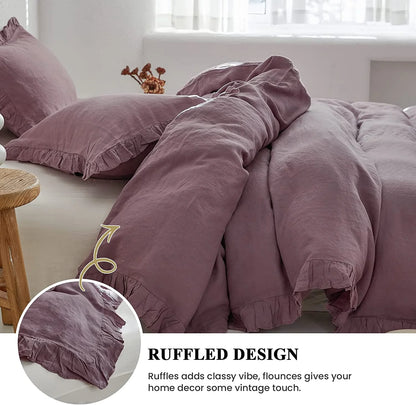 Simple&Opulence 100% Washed Linen Duvet Cover Set-3 Pieces Shabby Chic Premium Ruffled Bedding with 1 Comforter Cover and 2 Pillowshams France Flax High End Frill Sets Vintage Style(King, White)