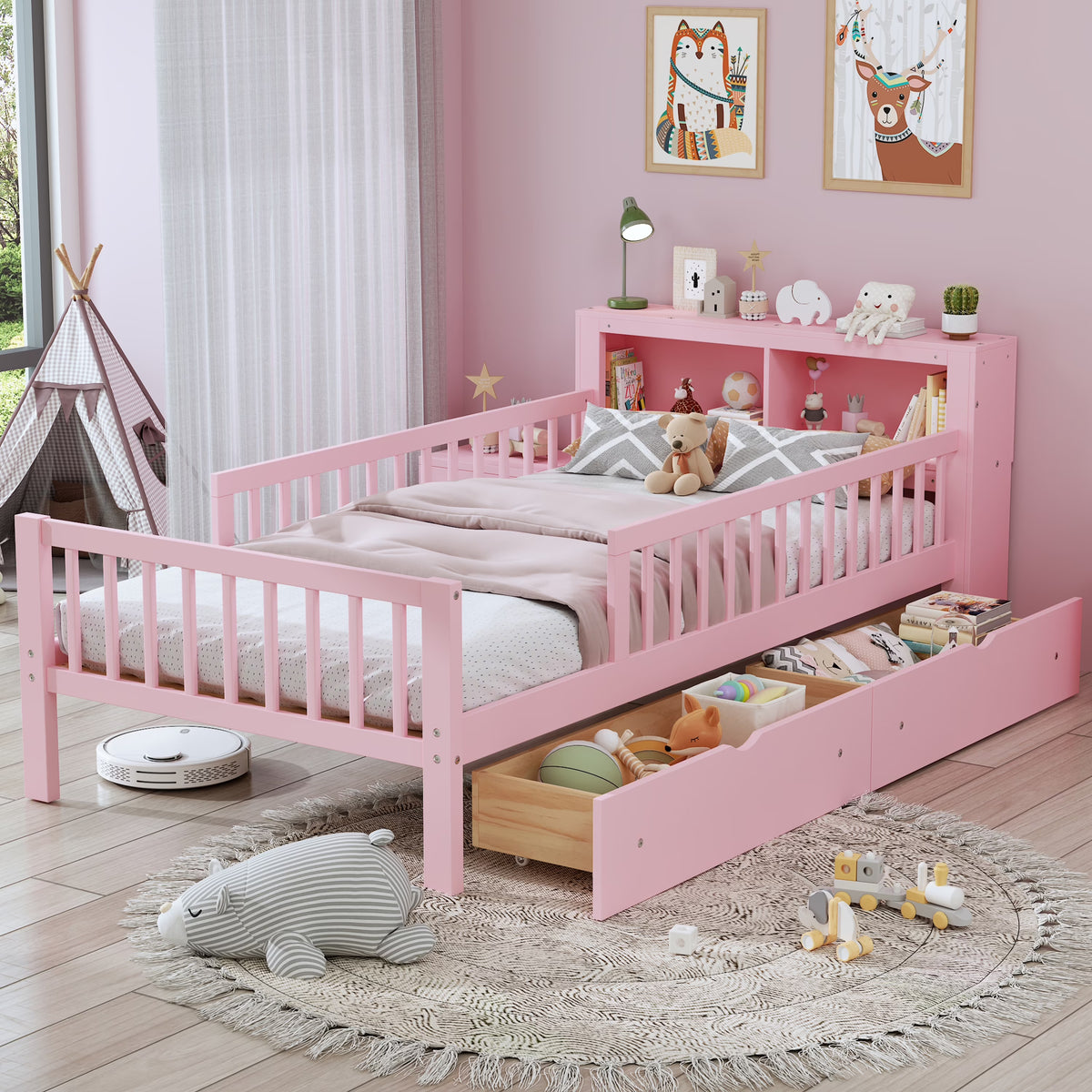 Euroco Wood Twin Size Platform Bed with Storage Headboard and Drawers, Low Profile Bed with Guardrails for Kids and Toddlers, White