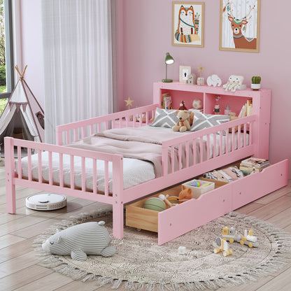 Euroco Wood Twin Size Platform Bed with Storage Headboard and Drawers, Low Profile Bed with Guardrails for Kids and Toddlers, White