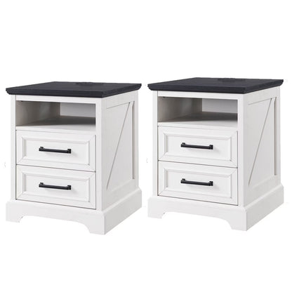 ACCOHOHO Nightstands Set of 2 with Charging Station, Rustic End Table with 2 Drawers Farmhouse Side Table with 3-tier Storage for Bedroom Living Room, White