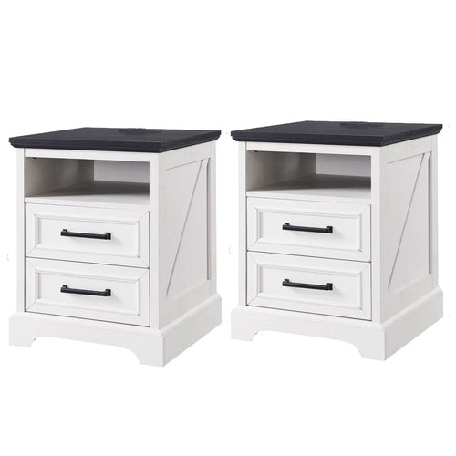 ACCOHOHO Nightstands Set of 2 with Charging Station, Rustic End Table with 2 Drawers Farmhouse Side Table with 3-tier Storage for Bedroom Living Room, White