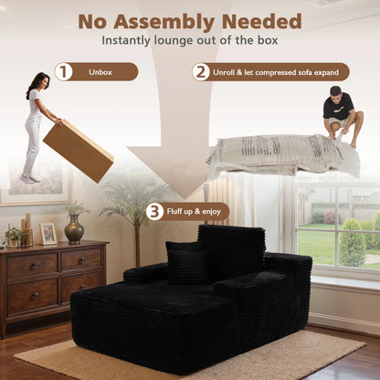 Ovios 67'' Oversized Chaise Lounge Chair Indoor Cloud Plush Corduroy Floor Sofa Bed Deep Seat No Assembly Couch for Living Room, Black