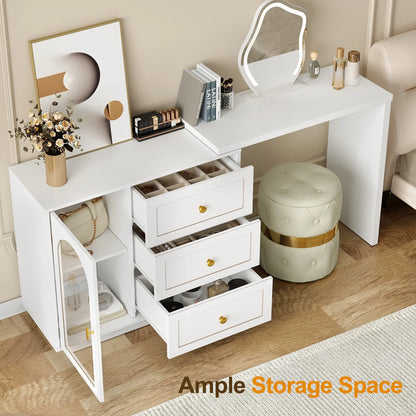 CozyHome 59�� Extendable Corner Vanity Desk with Rotatable Tabletop, Large White Makeup Vanity Table for Women Girl, 3 Drawer & 1 Door, Wood Vanity Dresser for Apartment, Dorm, Study Room, Home Office