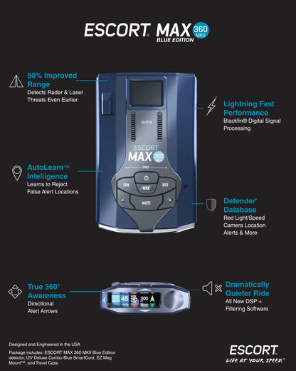Escort MAX 360 MKII Bluetooth Radar Detector (Blue Edition), 360�� Awareness, Exceptional Range, Apple CarPlay & Android Auto