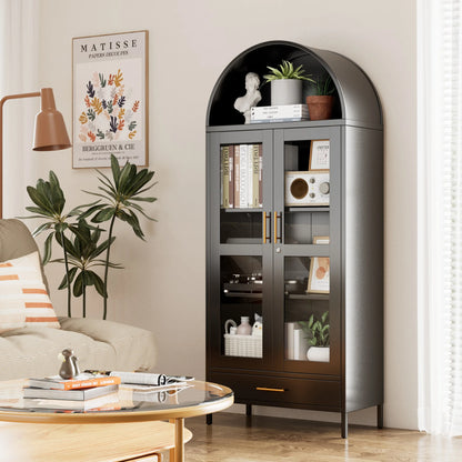 SUPEER Metal Arched Storage Display Cabinet with Glass Doors and Adjustable Shelves, Lockable Cabinet, Assembly Required, Black