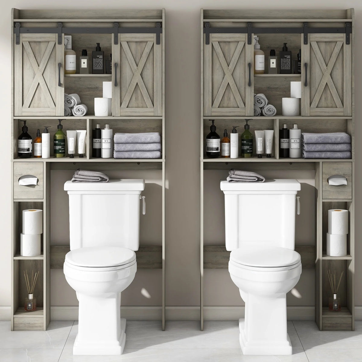 Over The Toilet Storage Cabinet, Farmhouse Storage Cabinet Over Toilet with Sliding Doors��Home Space-Saving Toilet Rack, for Bathroom, Restroom, Laundry