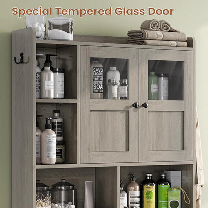 Over The Toilet Storage Cabinet with 3 Doors, Farmhouse Space Saver for Bathroom Organizer with Paper Holder, 10 Shelves and Hooks, 7-Tier Over Washing Machine Cabinet for Laundry, Bathroom, Natural