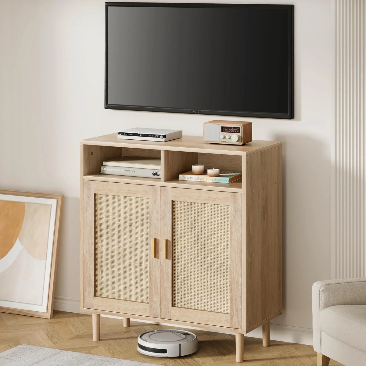 NEILA Rattan Cabinet with 2 Doors and Shelf, Modern Accent Furniture, 1 Piece