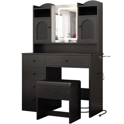 IRONCK White Vanity Set with Mirror and Lights, Makeup Vanity Desk with 5 Drawers & 2 Cabinets & Charging Station