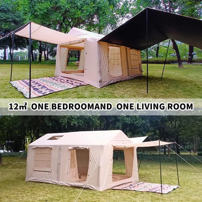 9.8' x 7' Inflatable Camping Tent,4 Season Blow up Tents for Camping, 4-6 Person Inflatable Tent with Stove Jack,Air Tents,Glamping Tent,Waterproof Luxury House with Mesh Window