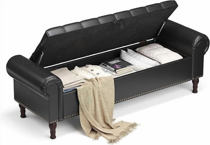 Gelloan Storage Ottoman Bench for Bedroom,Upholstered Bedroom Bench with Rolled Arms and Rivets, Storage Chest for Living Room,Grey,51 Inches