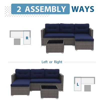 JOIVI 3 Pieces Patio Conversation Set, PE Wicker Rattan Outdoor Furniture Set, 2 Ways Small Sectional Sofa, Tempered Glass Coffee Table, Silver-Gray
