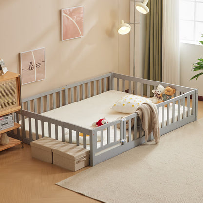 Zimtown Montessori Floor Bed Frame, Full Size Kids Toddler Bed with Fence and Door, Wooden Platform Bed, White