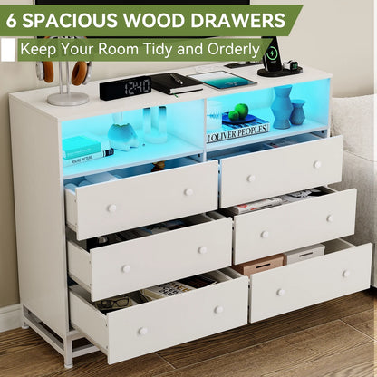 Homhougo Dresser for Bedroom 6 Drawer with LED Light & Charging Station, Wooden Dressers and Chests of Drawers with 2-Tier Open Shelves, Wide Dresser Organizer for Living Room Hallway Entryway, Pink