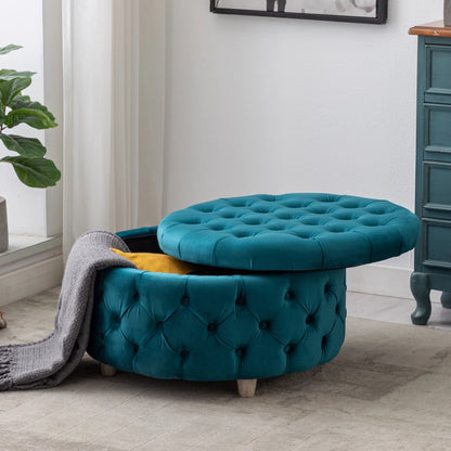 WestinTrends Wordford Round Velvet Tufted Storage Ottoman, Velvet Navy Blue