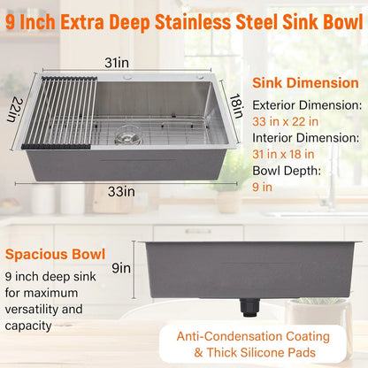 Garvee 33 x 22 Drop In Kitchen Sink, 16 Gauge Stainless Steel Topmount Deep Single Bowl Sink with Grid and Drain Strainer Set, Household Dishwasher Sinks for Workstation, RV, Prep Kitchen, Bar Sink