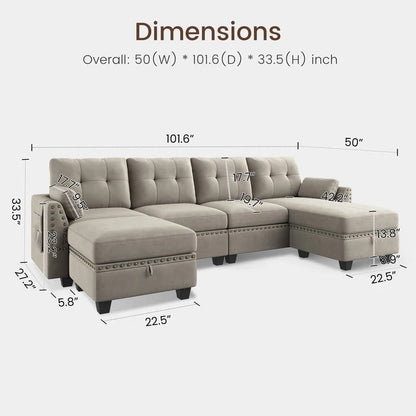 HONBAY Modern Velvet Sofas Set with Storage Ottoman Sectional Sofa in Peal Grey