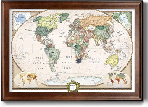 Renditions Gallery Colorful World Map Canvas Wall Art with Walnut Frame Wall Hanging Travel Map with Push Pins for Home, Office, Classroom