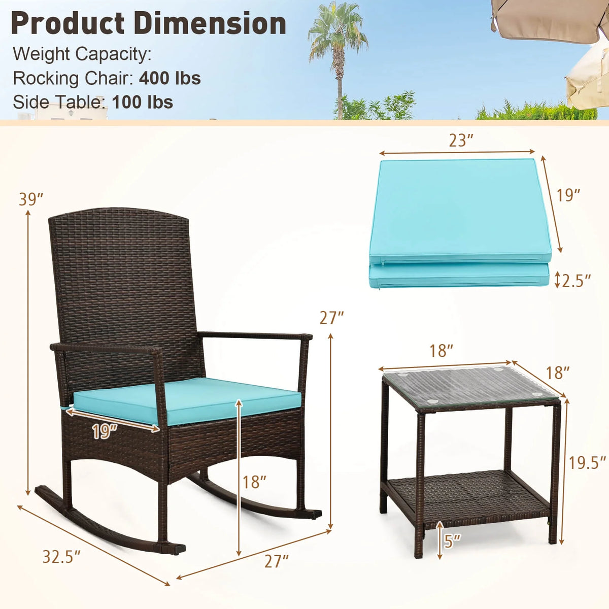Costway Serenity 3 Piece Patio Rocking Wicker Rockers with White Cushions 2 Tier Coffee Table