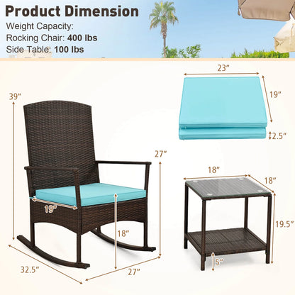 Costway Serenity 3 Piece Patio Rocking Wicker Rockers with White Cushions 2 Tier Coffee Table