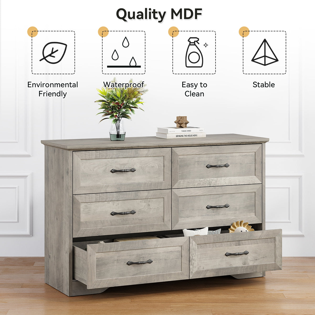Homhougo White Dresser for Bedroom 6 Drawer, Wood Organizer Storage Cabinet with Gray Strip Drawer Door, Chest of Drawers for Closet, Living Room, Hallway, Nursery, Kids Bedroom