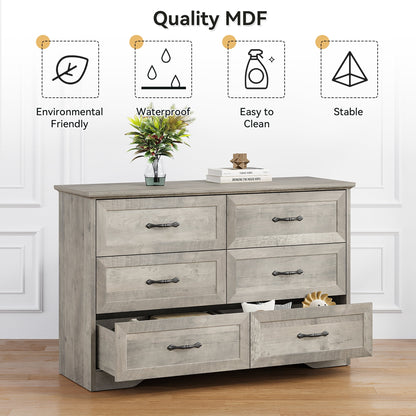 Homhougo White Dresser for Bedroom 6 Drawer, Wood Organizer Storage Cabinet with Gray Strip Drawer Door, Chest of Drawers for Closet, Living Room, Hallway, Nursery, Kids Bedroom