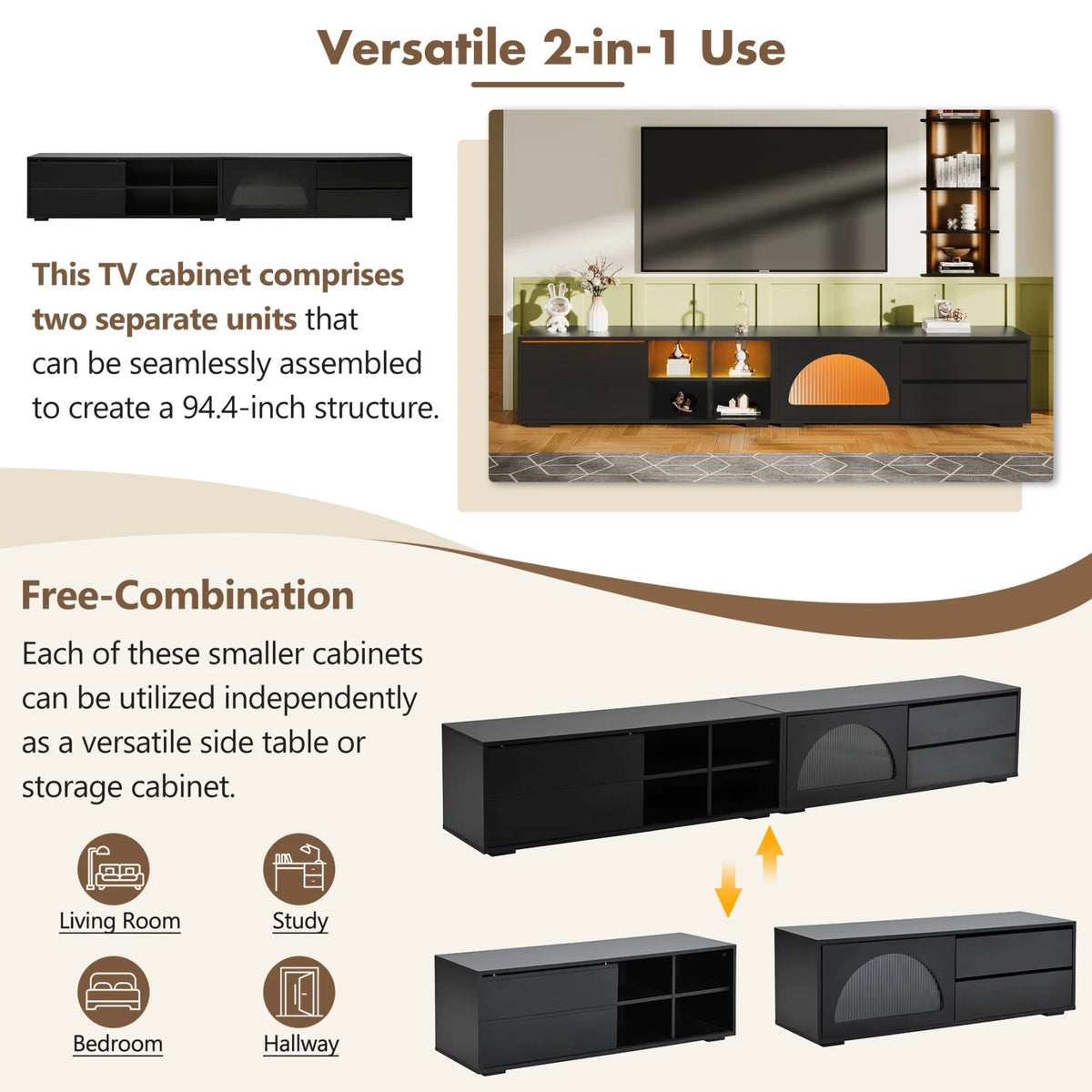 2-in-1 TV Stand for TVs up to 100", Entertainment Center with LED Light and 2 Drawers, Free-Combination TV Console Table with Sliding Door for Living Room, Black