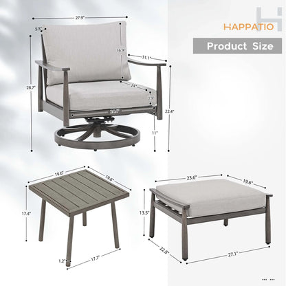 HAPPATIO Aluminum Outdoor Furniture Set - 5 Pieces Patio Furniture Set Includes 1 Side Table, 2 Swivel Chairs and 2 Ottomans with Thick Cushion, Patio Conversation Set for Backyard Poolside (Grey)