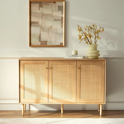 EYYTHUNG Farmhouse 3-Door Rattan Storage Cabinet, Solid Wood Entryway Buffet Sideboard