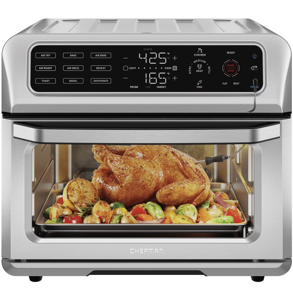 Chefman 12-in-1 Air Fryer Oven Combo w/ Probe Thermometer, 20 Qt Capacity - Black Stainless Steel, New
