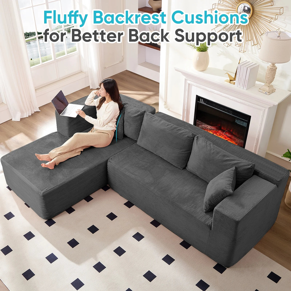 ZAFLY 106" Cloud Sectional Couch with Chaise, No Assembly Required L Shaped Sleeper Sofa, Oversized Deep Seat Modular Couches and Sofas for Living Room - Right, Black