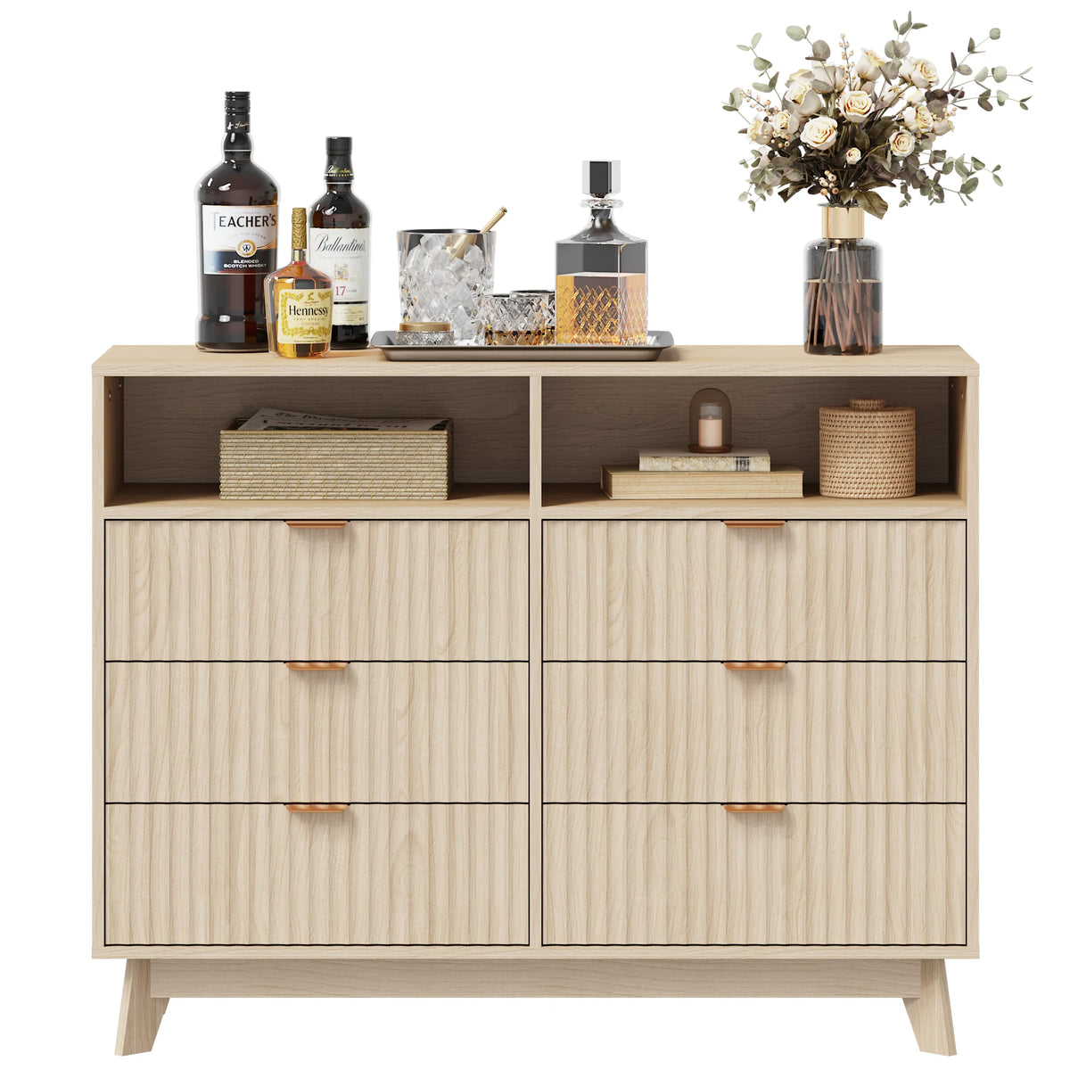 MELLCOM 6 Drawers Dressers, 45" Fluted Chest of Drawers, Wood Drawer Storage Organizer, with Metal Handle, for Bedroom, Living Room, Natural Oak