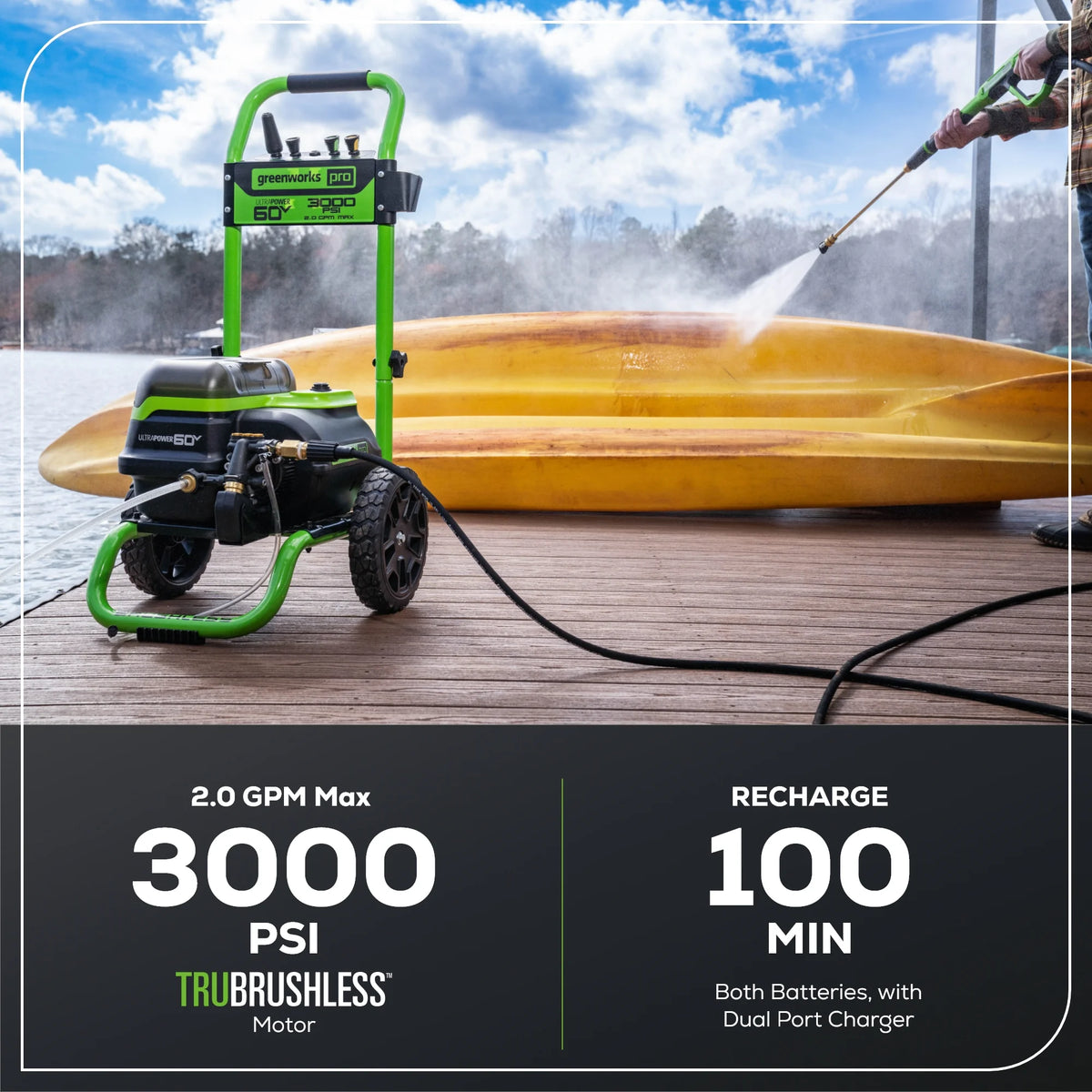 Greenworks 3000 PSI at 2.0 GPM 60 V Battery-Powered Cold Pressure Washer