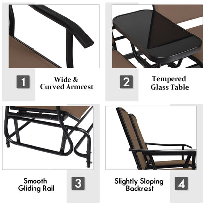 Gymax Patio 2-Person Glider Rocking Char Loveseat Garden w/ Tempered Glass Table Brown