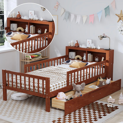 Euroco Wood Twin Size Platform Bed with Storage Headboard and Drawers, Low Profile Bed with Guardrails for Kids and Toddlers, White