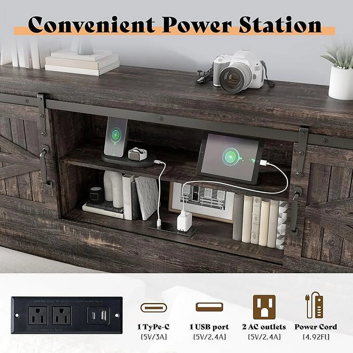Merluxy Farmhouse Full Bed Frame with Storage Bookcase & Charging Station, Bedroom Furniture, Grey