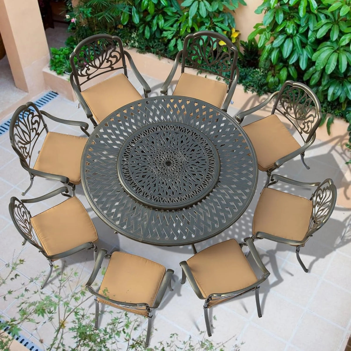 VIVIJASON Outdoor 61" Patio Dining Table for 6-8 Person, Large Patio Round Dining Table with 24" Lazy Susan, Dark Bronze Cast Aluminum Rustic Patio Table W/Umbrella Hole for Balcony, Porch and Deck
