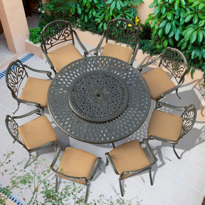 VIVIJASON Outdoor 61" Patio Dining Table for 6-8 Person, Large Patio Round Dining Table with 24" Lazy Susan, Dark Bronze Cast Aluminum Rustic Patio Table W/Umbrella Hole for Balcony, Porch and Deck