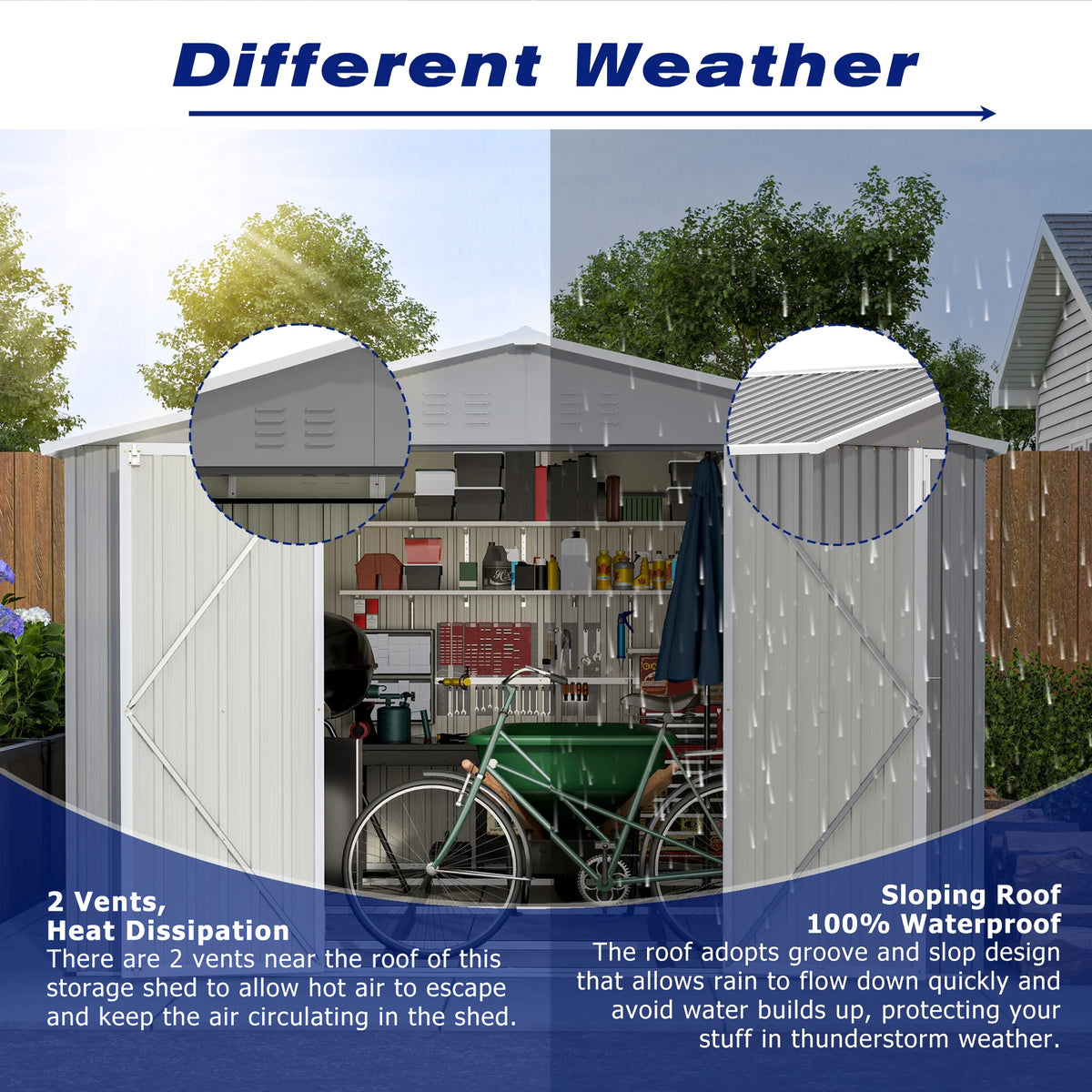 LZBEITEM 10 x 10 ft Outdoor Storage Shed with Floor Frame Kit, Galvanized Steel Garden Sheds, Garden Tool Shed with Double Lockable Doors for Backyard Patio Lawn, Grey