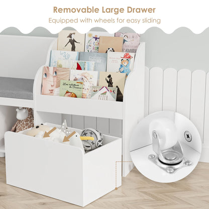 Homfa Kids Bookshelf with Reading Nook, 6 Shelf Bookcase with 1 Wood Toy Bin with 3 Tier Book Rack for Children Kidsroom