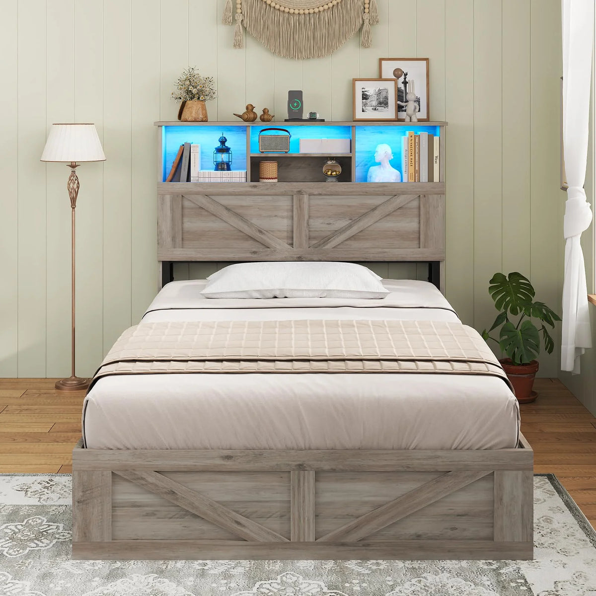 Twin Bed Frame with 4 Storage Drawers and Charging Station, Farmhouse Wooden Led Twin Bed with Storage Hidden Space Headboard and Metal Slats, Gray