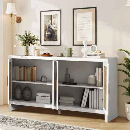 Modern Rattan Sideboard Buffet Cabinet, Kitchen Storage Cabinet, Living Room TV Stand for TVs up to 65", Entertainment Center with Adjustable Shelf, for Dining Living Room Hallway, White