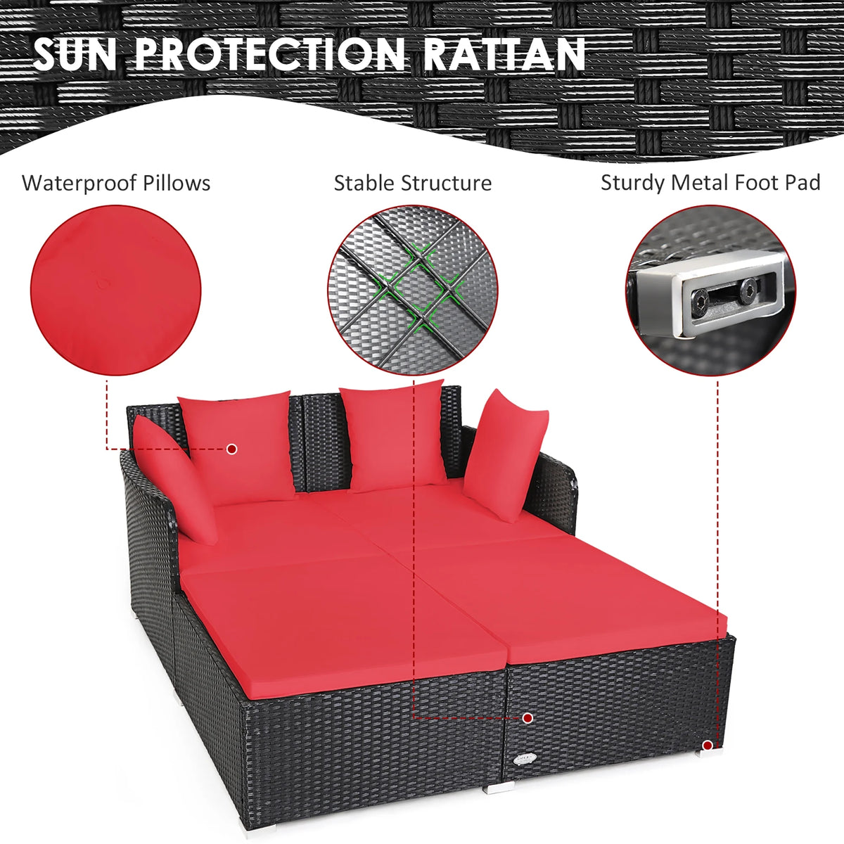 Costway Outdoor Patio Rattan Daybed Pillows Cushioned Sofa Furniture Beige