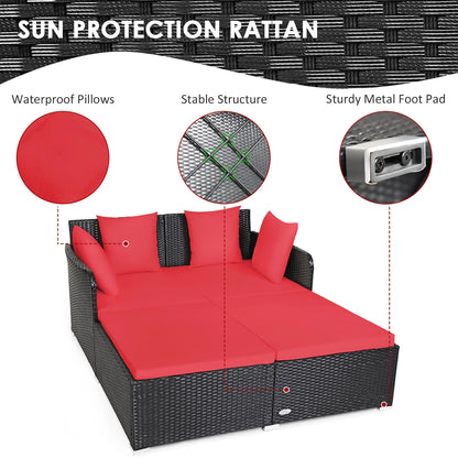 Costway Outdoor Patio Rattan Daybed Pillows Cushioned Sofa Furniture Beige