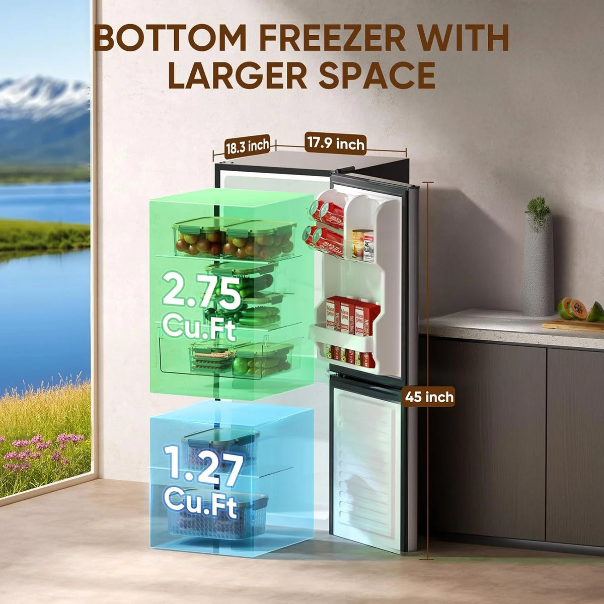 Upstreman 4.0 Cu.Ft Mini Fridge with Bottom Freezer, 2 Door Small Refrigerator with Adjustable Thermostat and Removable Glass Shelves for Bedroom, Dorm, Office, Apartment, Black BM40