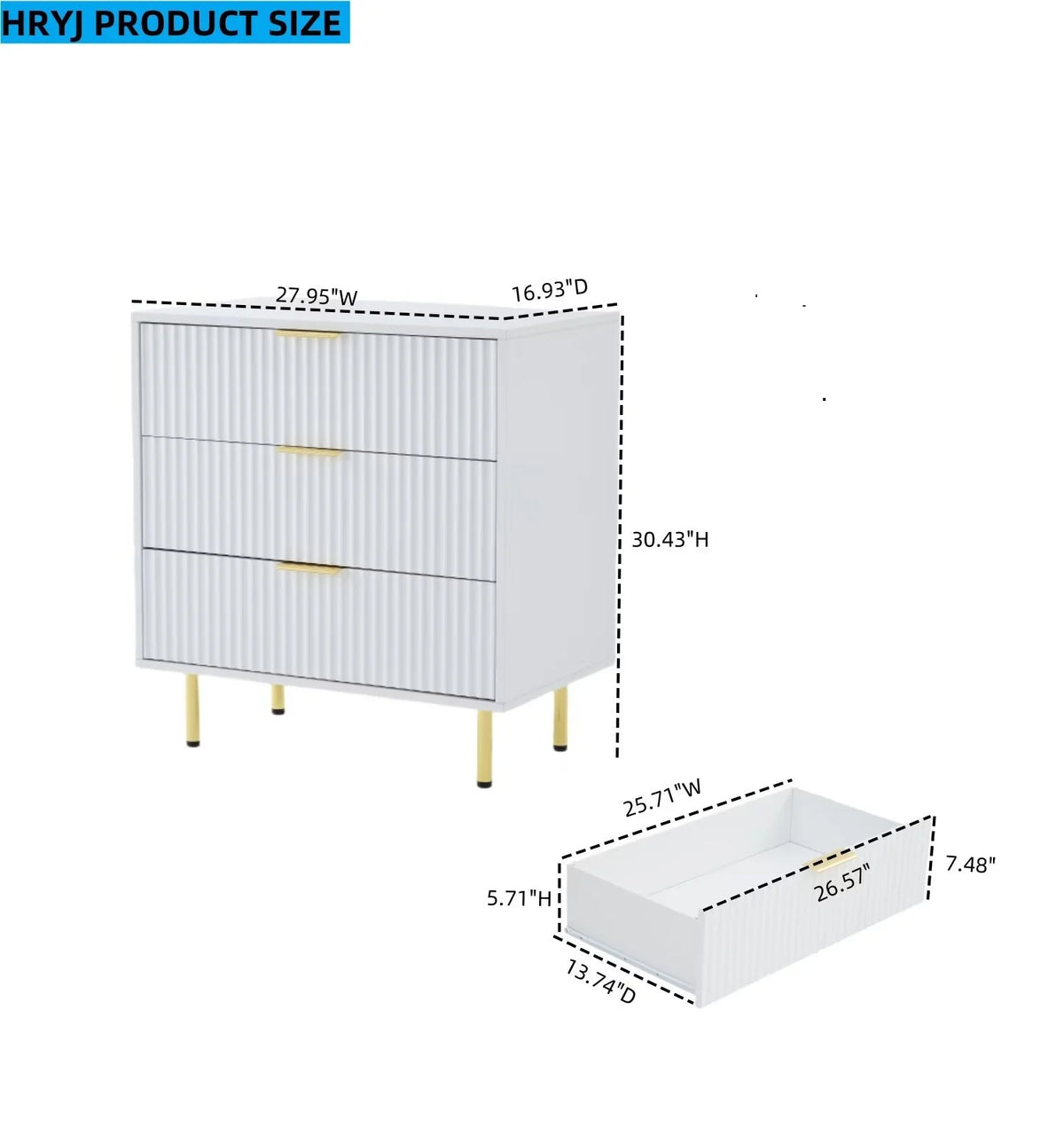 HRYJ White Large 3 Drawers Nightstand Dresser Fluted Wood Night Stand Bedside Table for Bedroom