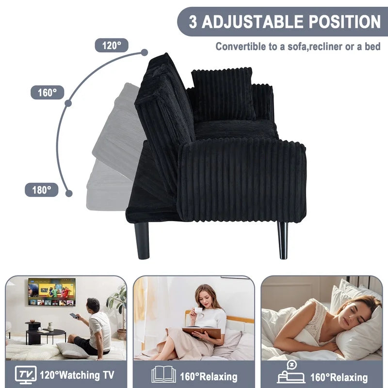FFH Modern Corduroy Futon Sofa Bed with Adjustable Backrest,Convertible Loveseat Sleeper,Soft Couch with Drop-Down Table and Cup Holder for Living room,Pink