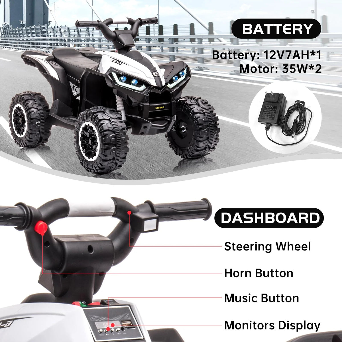 Garvee Kids Ride on ATV with Remote Control, 12V Powered 4 Wheeler Quad Vehicle with LED Headlights
