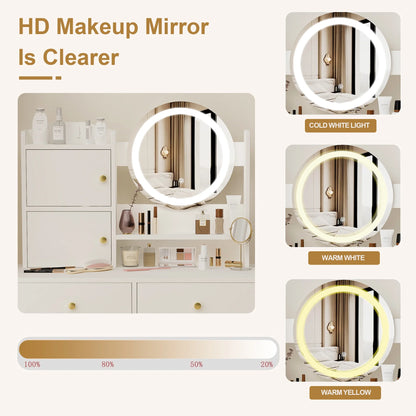 Montary Modern Mini Vanity w/Adjustable LED Mirror + Hidden Storage, Padded Stool & Dustproof Shelves (White)