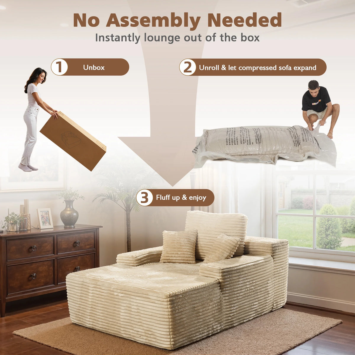 Ovios 67'' Oversized Chaise Lounge Chair Indoor Cloud Plush Corduroy Floor Sofa Bed Deep Seat No Assembly Couch for Living Room, Black